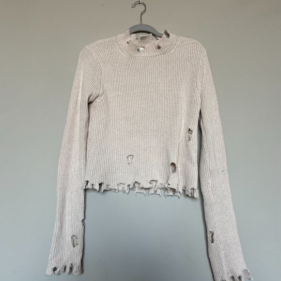 High neck Beige Distressed Sweater Size Small - Picture 2 of 3